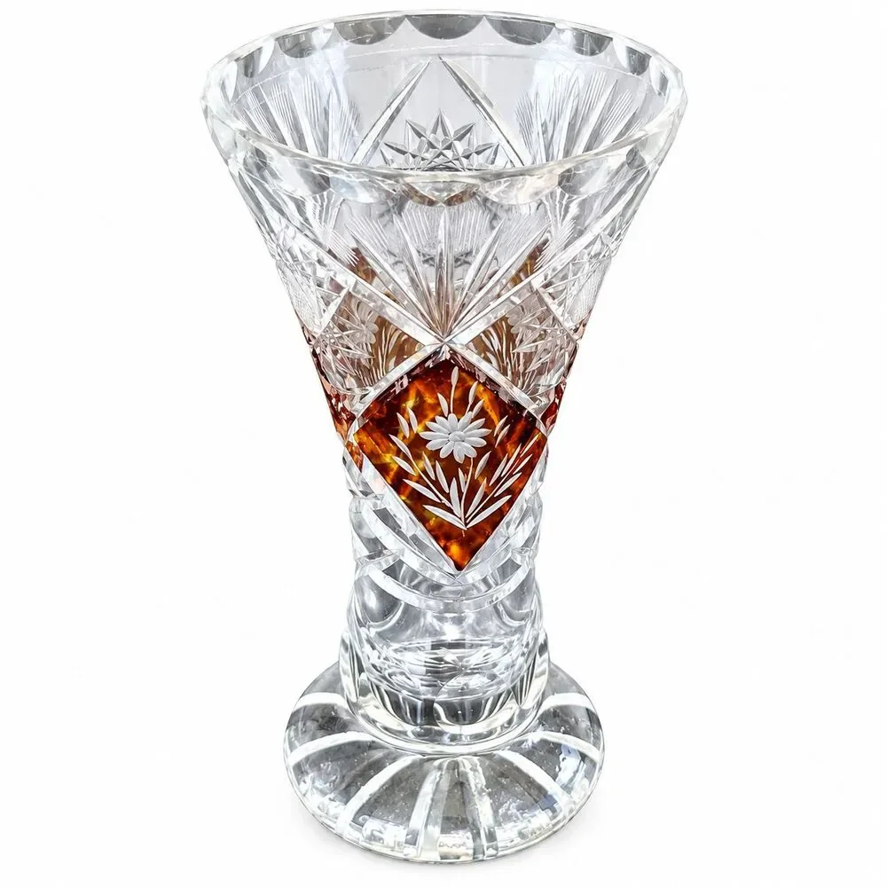 Vintage Amber Cut to Clear Crystal Footed Vase Engraved Floral Bohemian 6.5